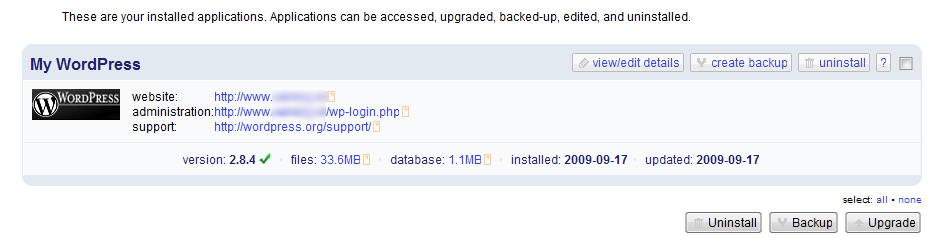 Installatron overview of wordpress packages installed.