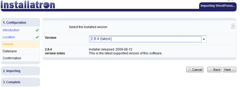 Selecting wordpress version you import