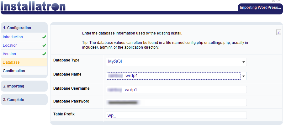 Database configuration wordpress